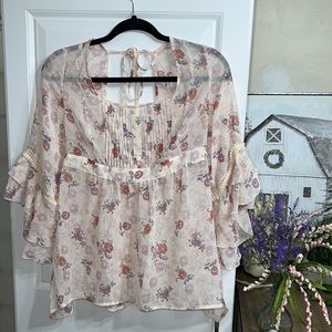Decree Large Sheer Floral Top with ruffles and Flared 3/4 Sleeves